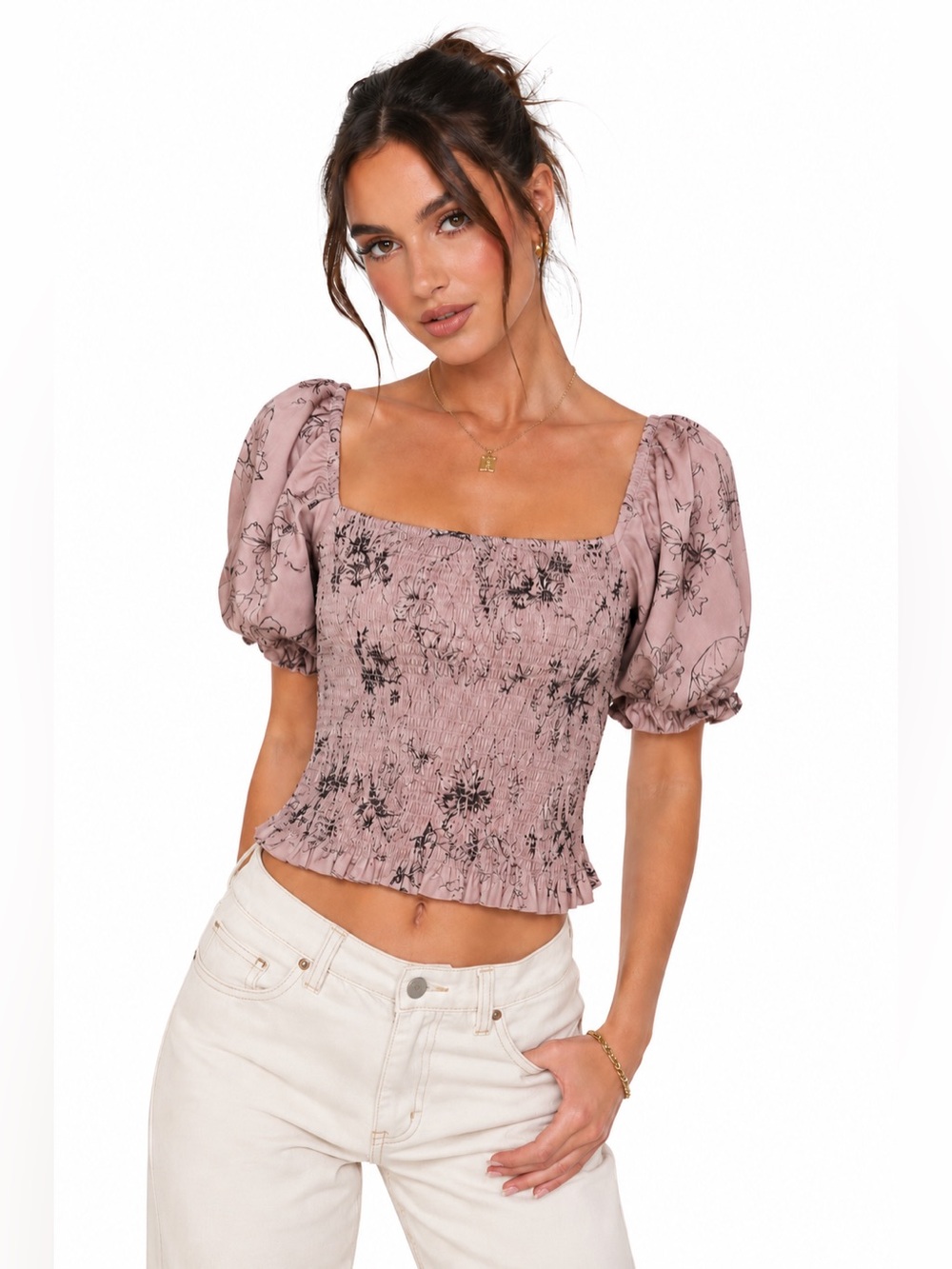 🌸 C By One Dusty Pink Floral Smocked Baby Doll Crop Top 🌸